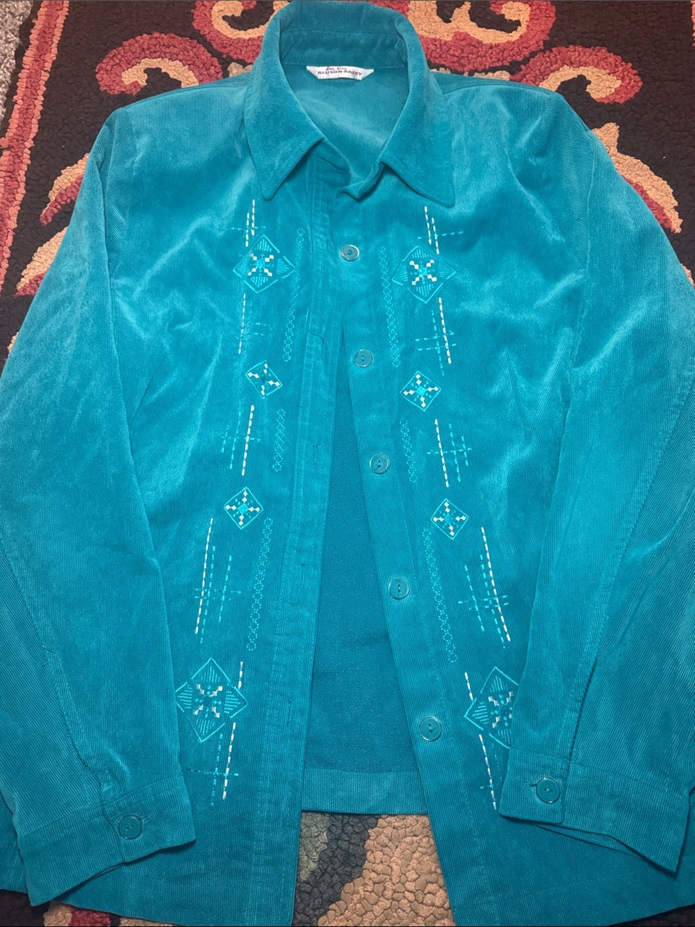Allison Daley Teal Embroidered Corduroy Jacket